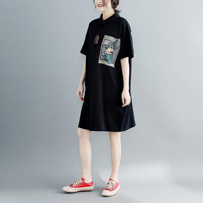 boutique black natural cotton dress oversized cotton dress Elegant short sleeve Turn-down Collar clothing dress