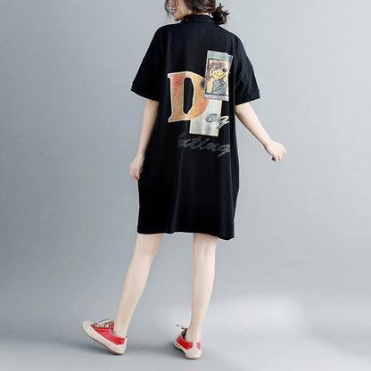 boutique black natural cotton dress oversized cotton dress Elegant short sleeve Turn-down Collar clothing dress