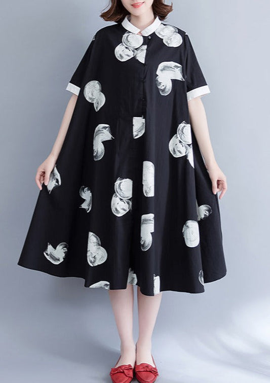 Boutique Black Prints Pure Chiffon Dress Oversize Chiffon Clothing Dresses Fine Big Hem Lapel Collar Chiffon Shirt Dress