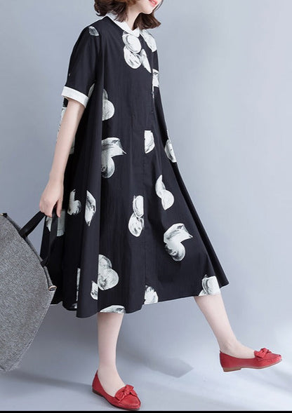Boutique Black Prints Pure Chiffon Dress Oversize Chiffon Clothing Dresses Fine Big Hem Lapel Collar Chiffon Shirt Dress
