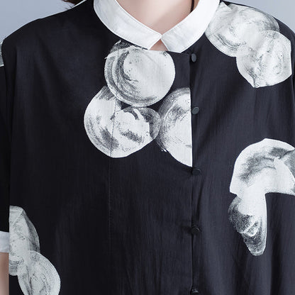 Boutique Black Prints Pure Chiffon Dress Oversize Chiffon Clothing Dresses Fine Big Hem Lapel Collar Chiffon Shirt Dress