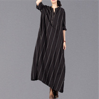 boutique black striped 2018 Loose fitting stand collar clothing dresses fine baggy pockets maxi dresses