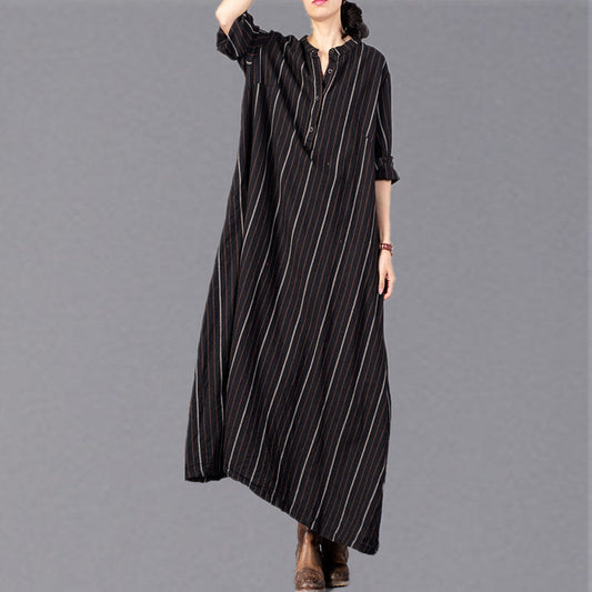 boutique black striped 2018 Loose fitting stand collar clothing dresses fine baggy pockets maxi dresses