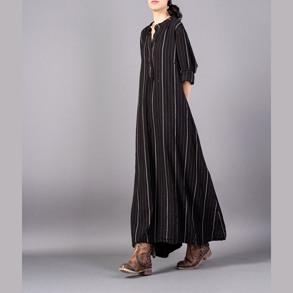 boutique black striped 2018 Loose fitting stand collar clothing dresses fine baggy pockets maxi dresses