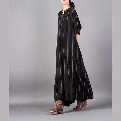 boutique black striped 2018 Loose fitting stand collar clothing dresses fine baggy pockets maxi dresses