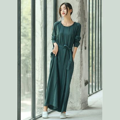 boutique blackish green plus size clothing O neck baggy dresses traveling clothing Elegant tie waist dresses