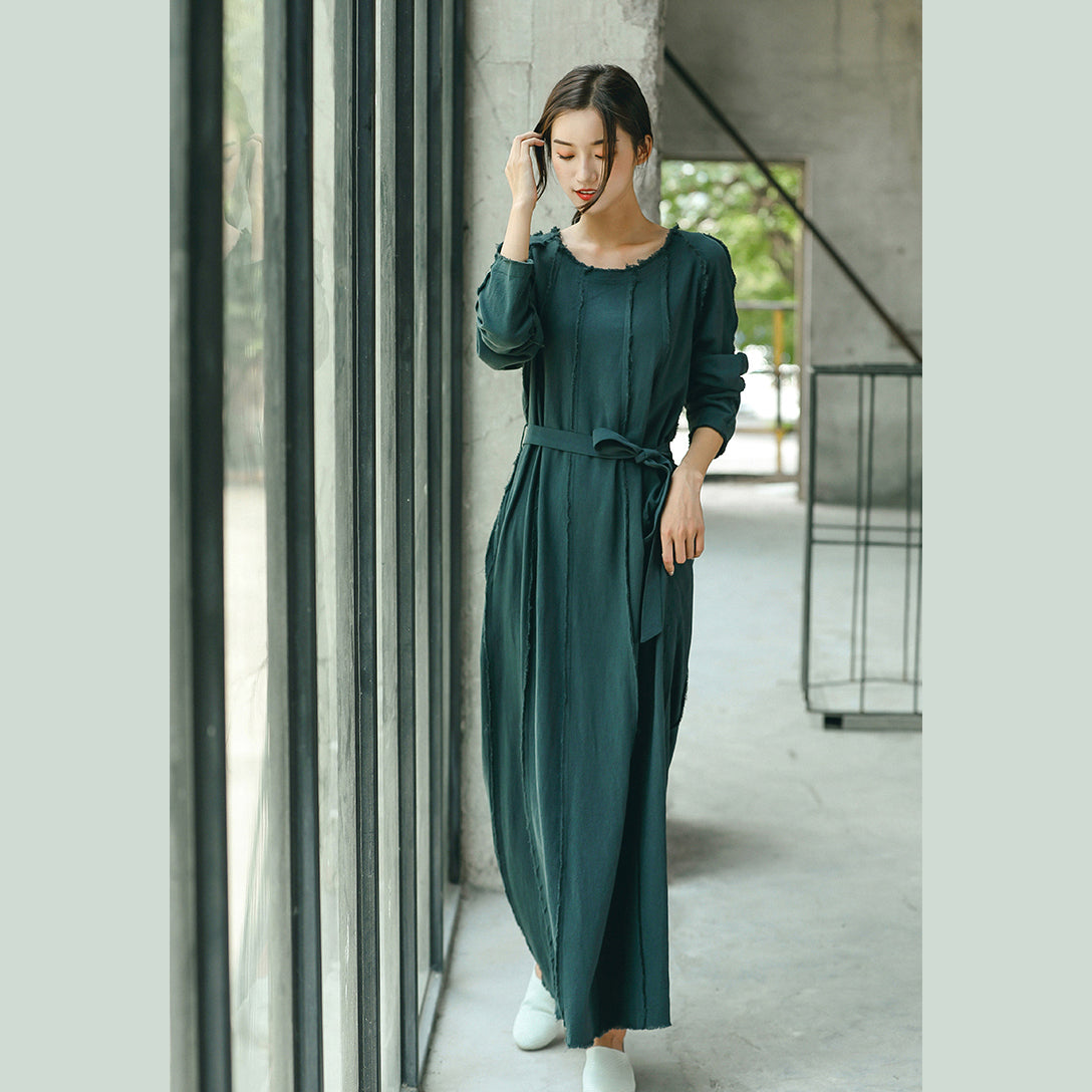 boutique blackish green plus size clothing O neck baggy dresses traveling clothing Elegant tie waist dresses