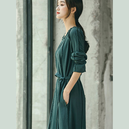 boutique blackish green plus size clothing O neck baggy dresses traveling clothing Elegant tie waist dresses