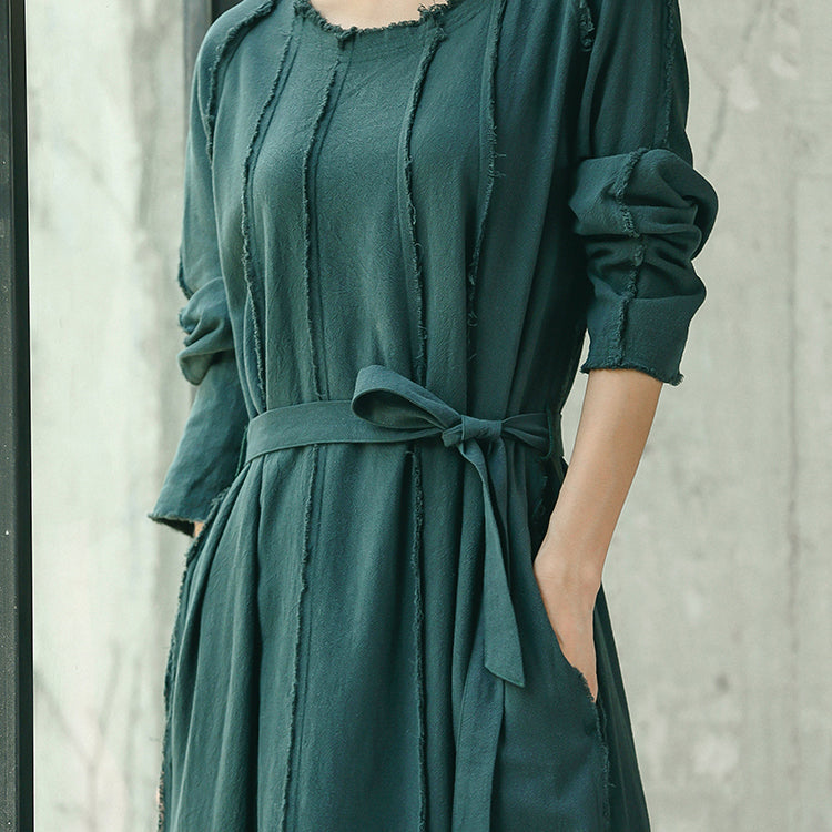 boutique blackish green plus size clothing O neck baggy dresses traveling clothing Elegant tie waist dresses