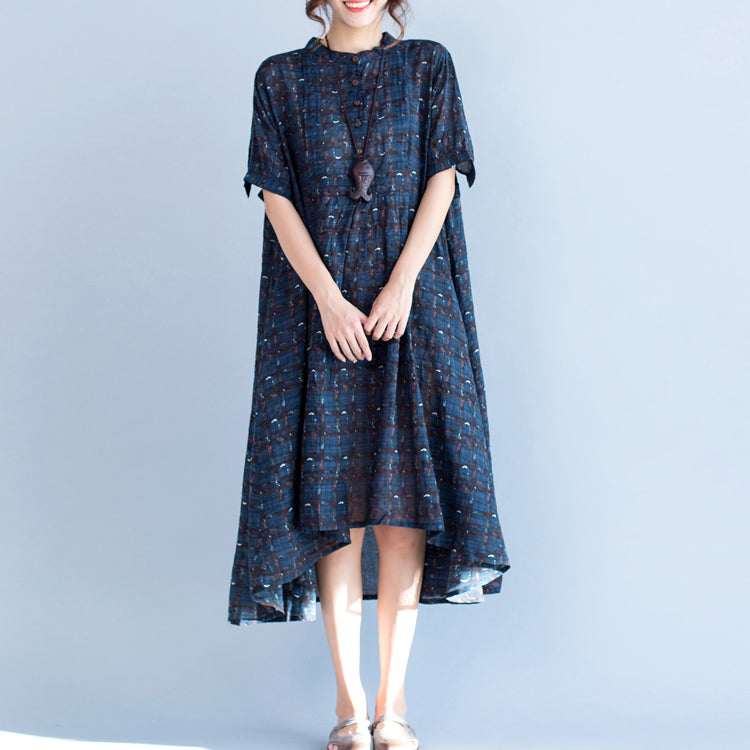 boutique blue Plaid natural cotton linen dress plus size Stand baggy dresses boutique short sleeve asymmetrical design dresses