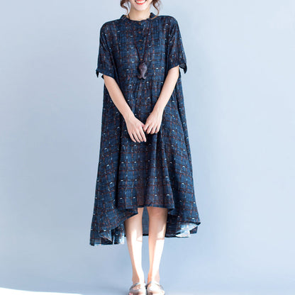 boutique blue Plaid natural cotton linen dress plus size Stand baggy dresses boutique short sleeve asymmetrical design dresses