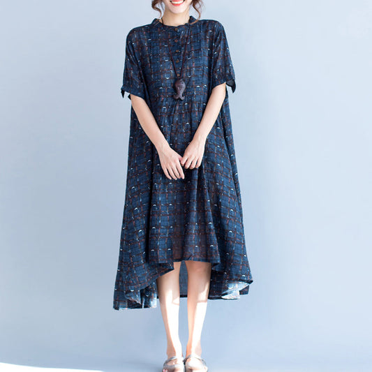 boutique blue Plaid natural cotton linen dress plus size Stand baggy dresses boutique short sleeve asymmetrical design dresses