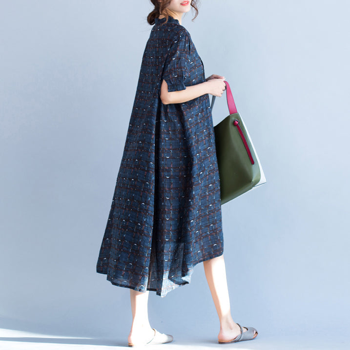 boutique blue Plaid natural cotton linen dress plus size Stand baggy dresses boutique short sleeve asymmetrical design dresses