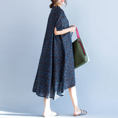 boutique blue Plaid natural cotton linen dress plus size Stand baggy dresses boutique short sleeve asymmetrical design dresses