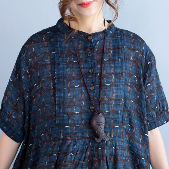 boutique blue Plaid natural cotton linen dress plus size Stand baggy dresses boutique short sleeve asymmetrical design dresses