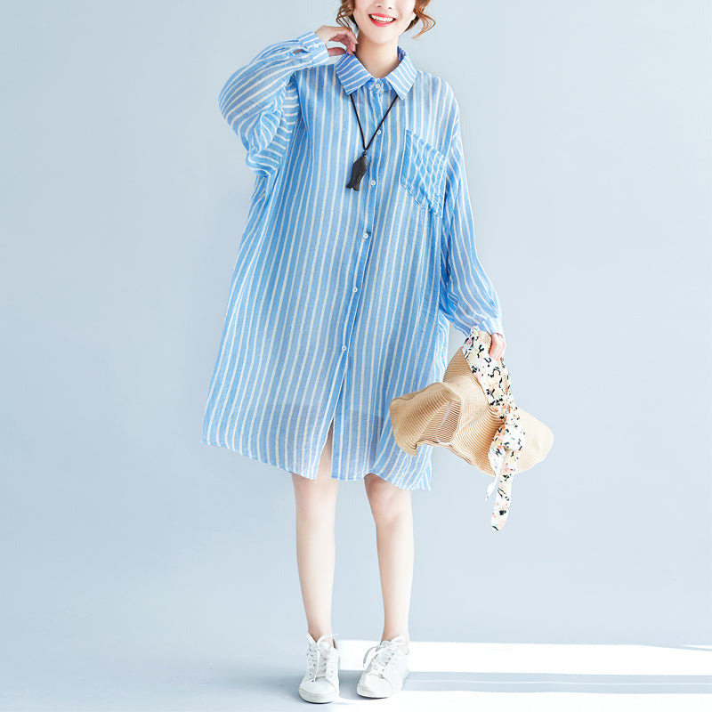 boutique blue cotton shift dress plus size cotton clothing dresses New lapel collar striped shirt dress