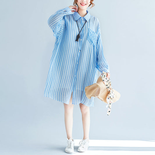 boutique blue cotton shift dress plus size cotton clothing dresses New lapel collar striped shirt dress