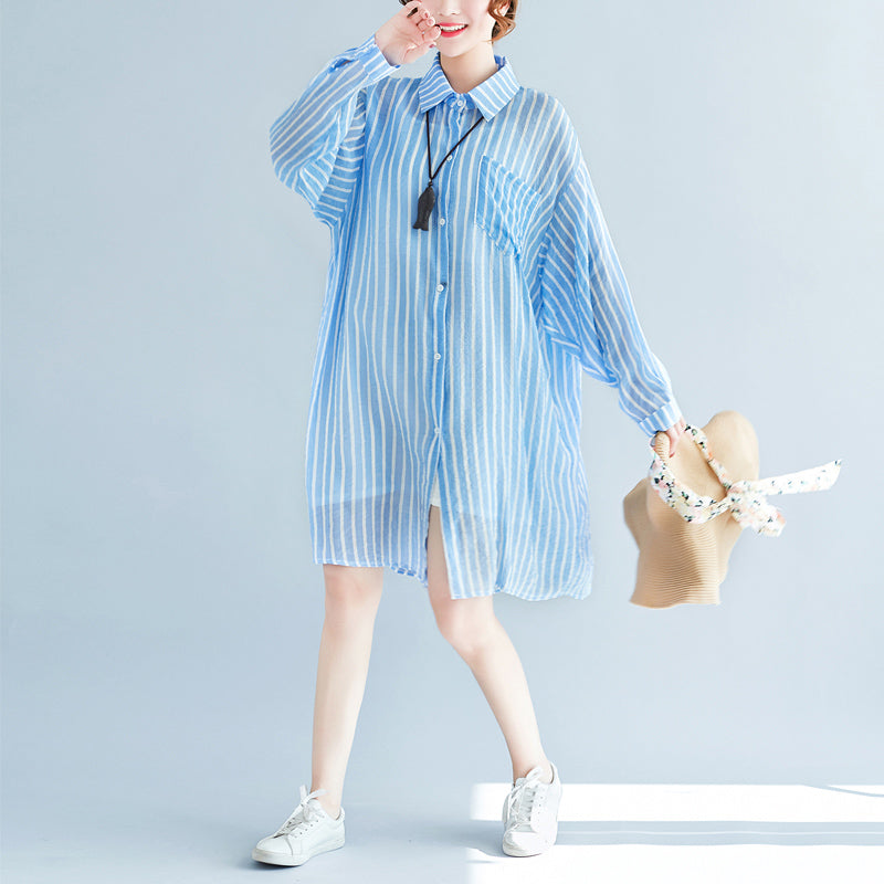 boutique blue cotton shift dress plus size cotton clothing dresses New lapel collar striped shirt dress