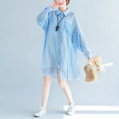 boutique blue cotton shift dress plus size cotton clothing dresses New lapel collar striped shirt dress