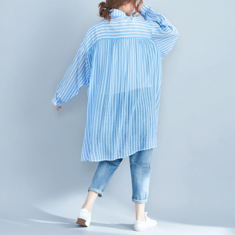 boutique blue cotton shift dress plus size cotton clothing dresses New lapel collar striped shirt dress