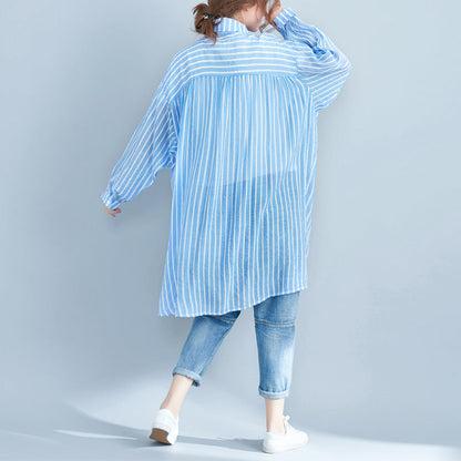 boutique blue cotton shift dress plus size cotton clothing dresses New lapel collar striped shirt dress