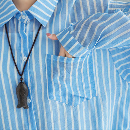 boutique blue cotton shift dress plus size cotton clothing dresses New lapel collar striped shirt dress
