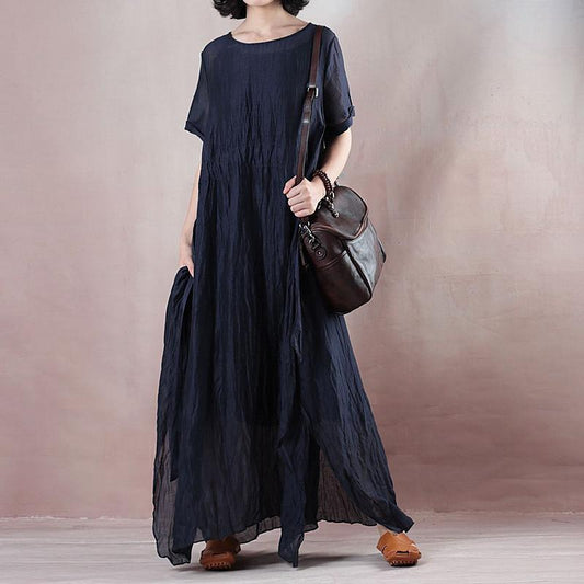 boutique blue silk linen dresses plus size o neck baggy dresses tie waist caftans vintage short sleeve a line skirts