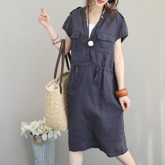 boutique gray blue Midi linen dresses oversize traveling dress vintage short sleeve v neck tie waist natural linen dress