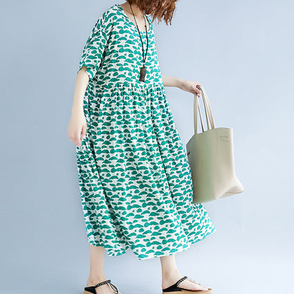 boutique green cotton linen dresses plus size clothing short sleeve baggy dresses boutique o neck linen cotton dress