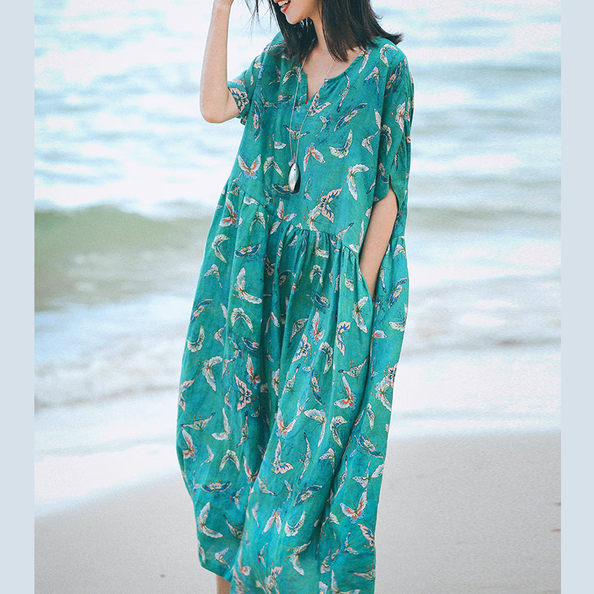 boutique green print long linen dresses Loose fitting v neck baggy dresses women short sleeve maxi dresses