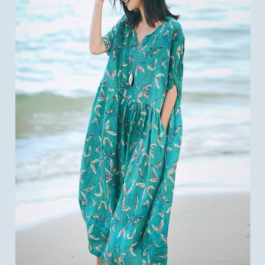 boutique green print long linen dresses Loose fitting v neck baggy dresses women short sleeve maxi dresses