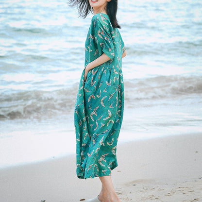 boutique green print long linen dresses Loose fitting v neck baggy dresses women short sleeve maxi dresses