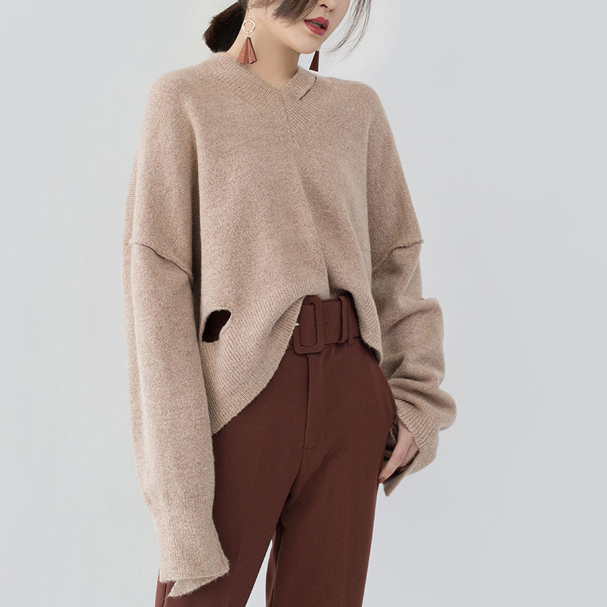 boutique khaki cozy sweater plus size V neck knitted tops fine asymmetrical design top