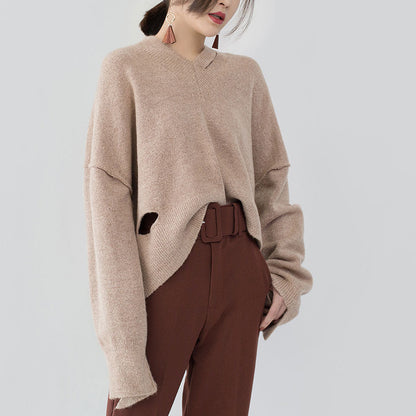 boutique khaki cozy sweater plus size V neck knitted tops fine asymmetrical design top