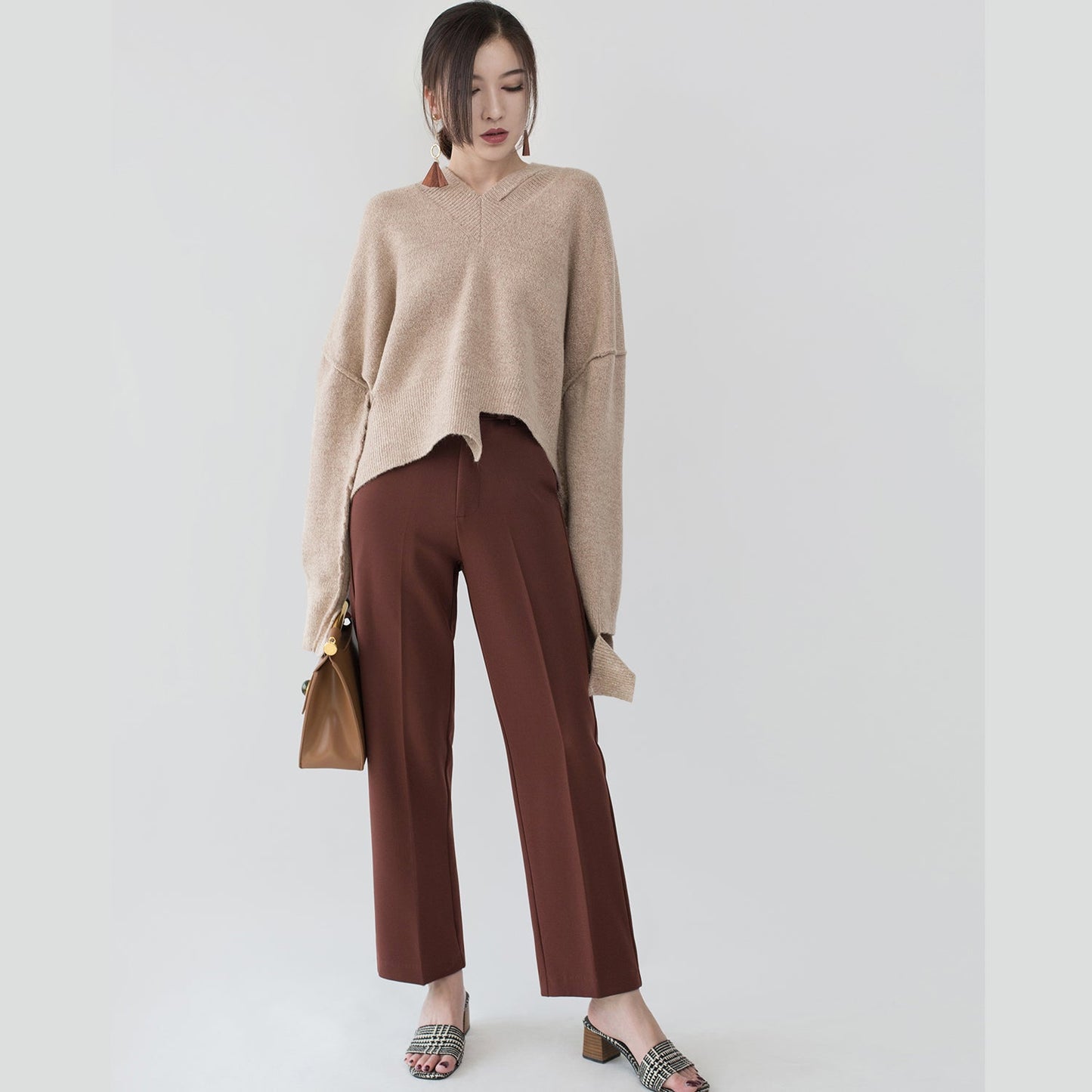 boutique khaki cozy sweater plus size V neck knitted tops fine asymmetrical design top