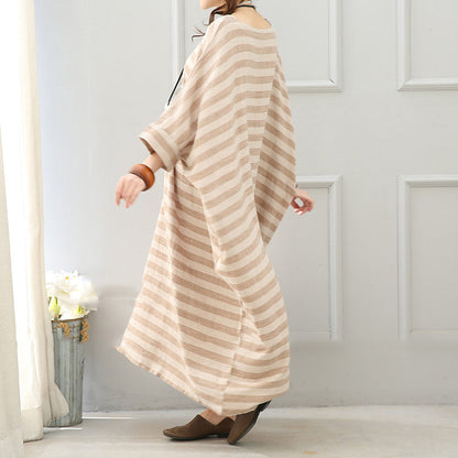 boutique khaki striped linen maxi dress plus size o neck linen gown women batwing sleeve gown
