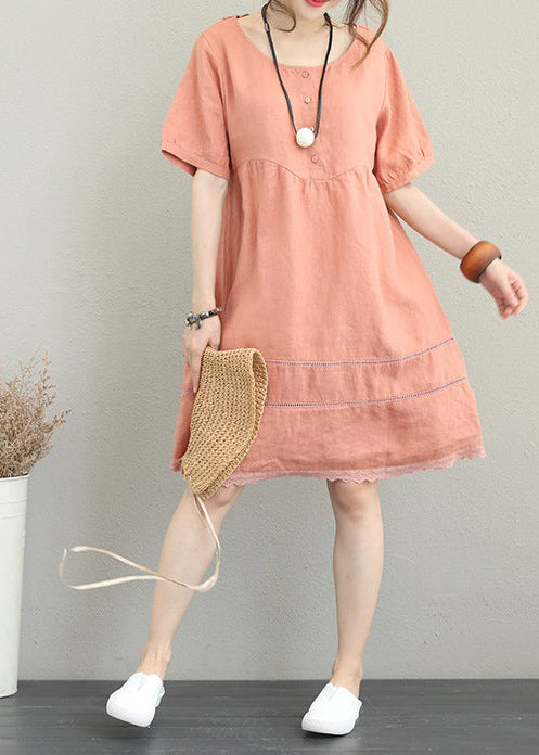 boutique light orange Midi linen dresses oversize linen clothing dress fine patchwork lace hollow out midi dress