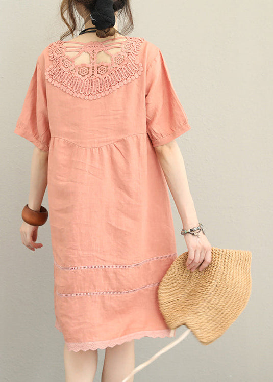 boutique light orange Midi linen dresses oversize linen clothing dress fine patchwork lace hollow out midi dress