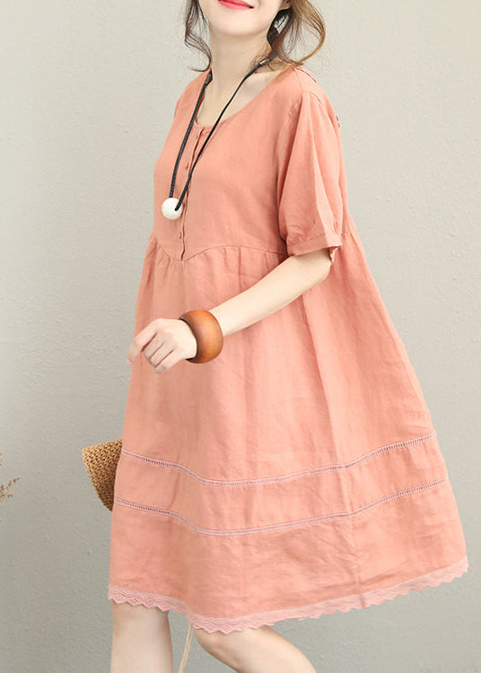 boutique light orange Midi linen dresses oversize linen clothing dress fine patchwork lace hollow out midi dress
