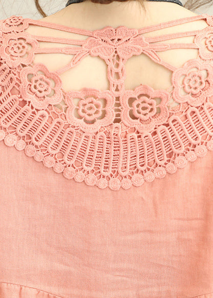 boutique light orange Midi linen dresses oversize linen clothing dress fine patchwork lace hollow out midi dress