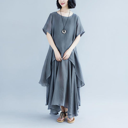 boutique linen dresses oversize Casual Short Sleeve Gray Pockets Fake Two-piece Dress