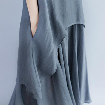 boutique linen dresses oversize Casual Short Sleeve Gray Pockets Fake Two-piece Dress