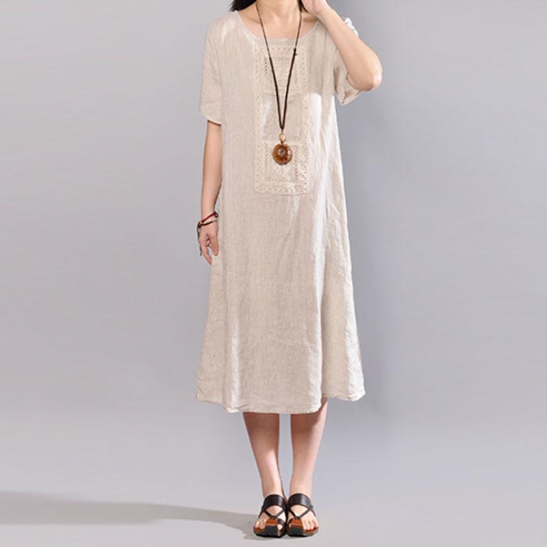 boutique long linen dress stylish Round Neck Short Sleeve Pure Color Flax Dress