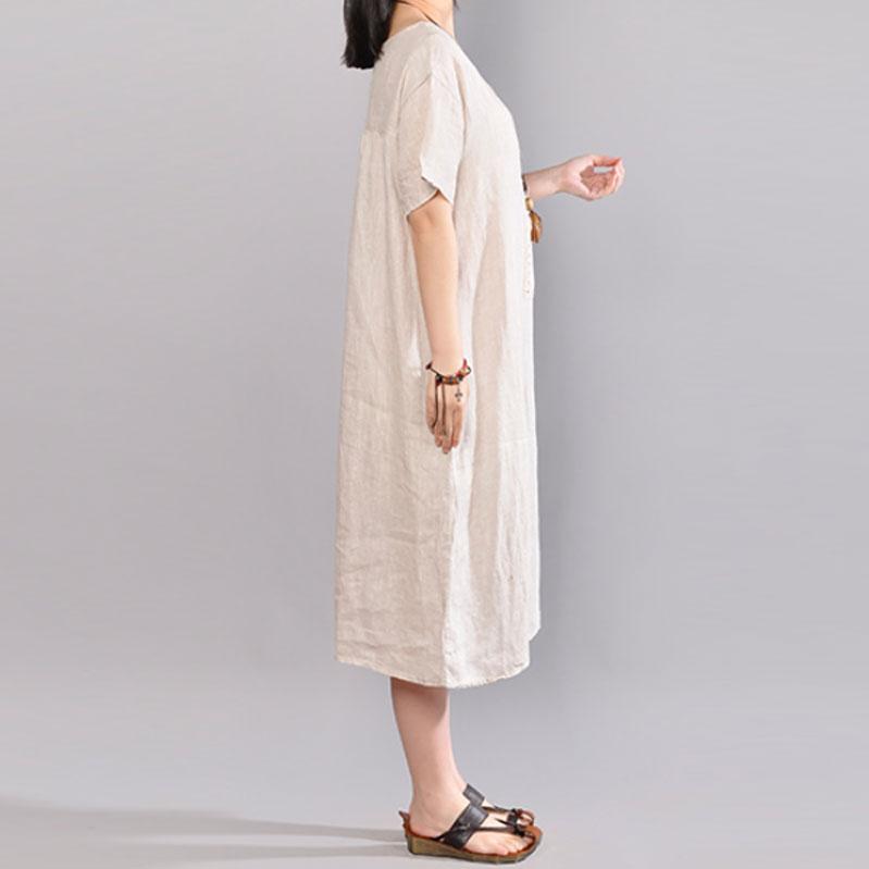 boutique long linen dress stylish Round Neck Short Sleeve Pure Color Flax Dress
