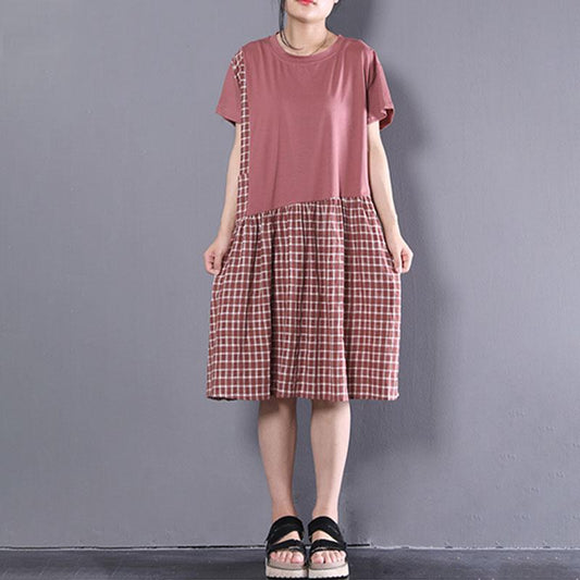 boutique natural cotton dress plus size clothing Short Sleeve Plaid Summer Round Neck Dress