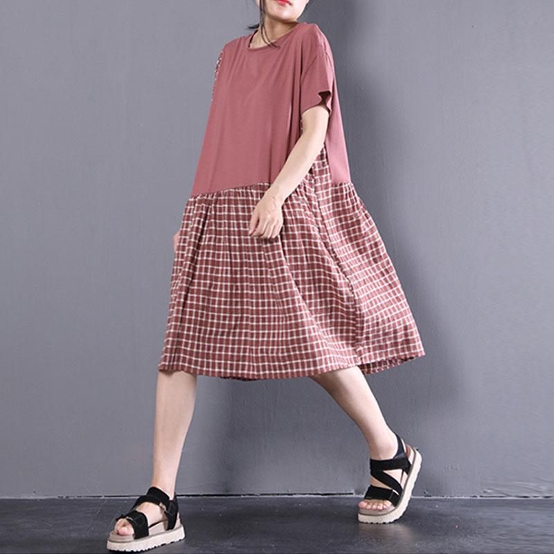 boutique natural cotton dress plus size clothing Short Sleeve Plaid Summer Round Neck Dress