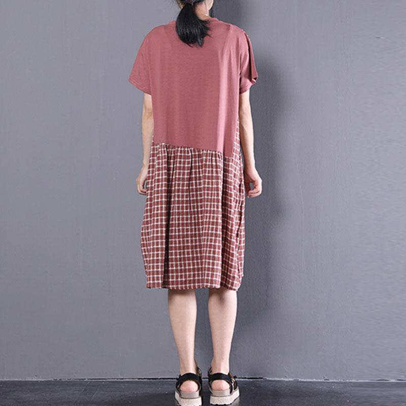 boutique natural cotton dress plus size clothing Short Sleeve Plaid Summer Round Neck Dress