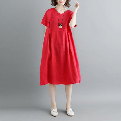 boutique pure linen dresses plus size Retro Summer Short Sleeve Red Pockets Pleated Dress