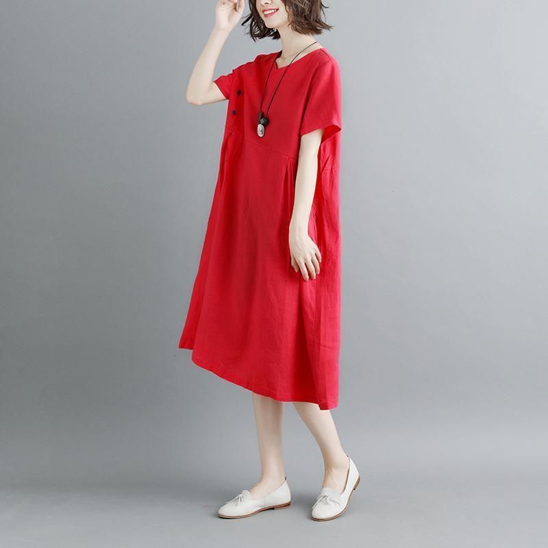 boutique pure linen dresses plus size Retro Summer Short Sleeve Red Pockets Pleated Dress