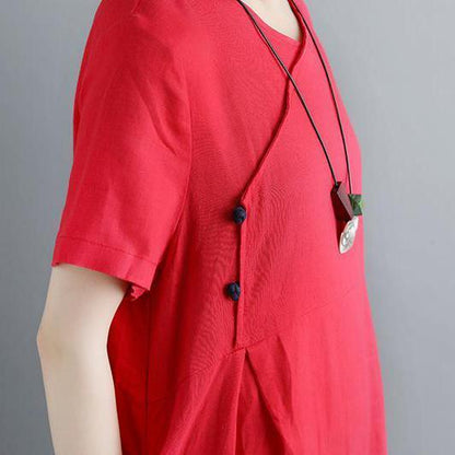 boutique pure linen dresses plus size Retro Summer Short Sleeve Red Pockets Pleated Dress